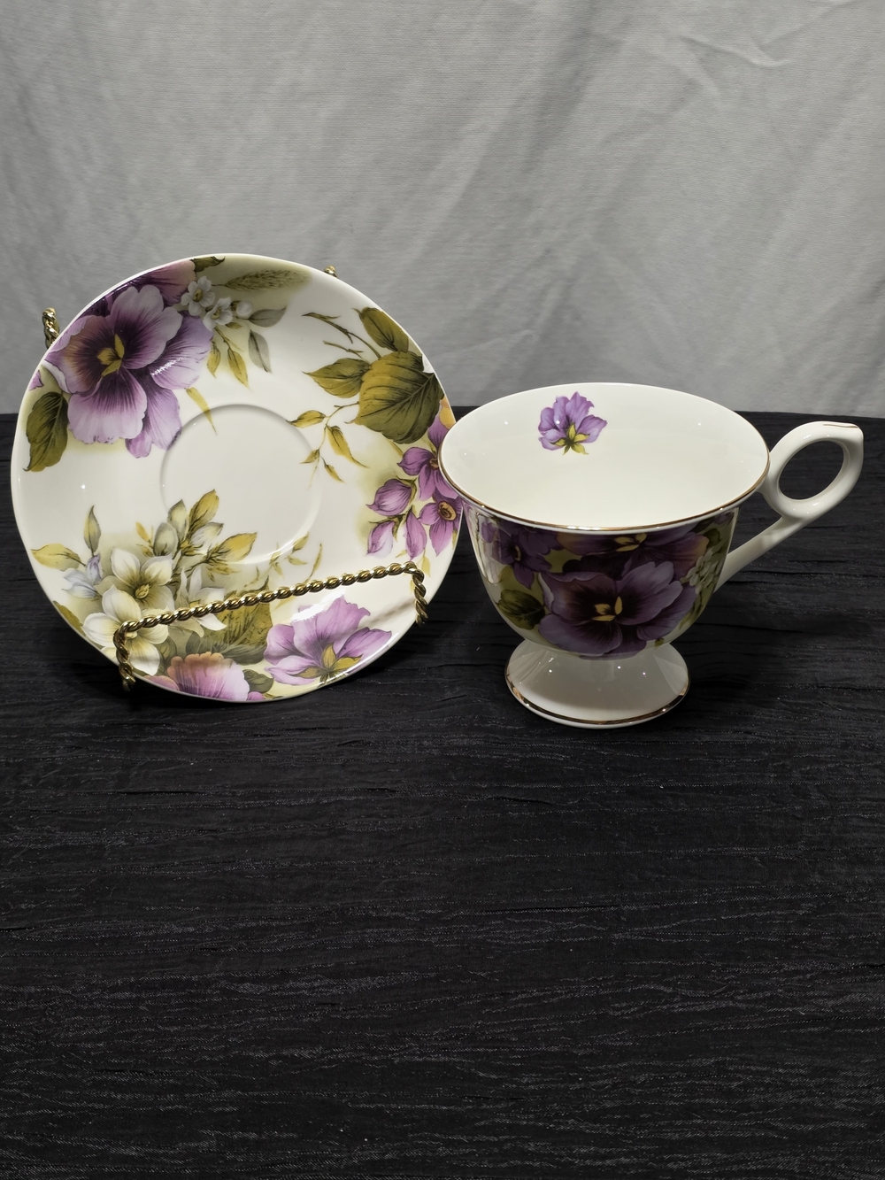 Gracie Bone China Teacup and Saucer Set - Purple Floral & Gold Trim
